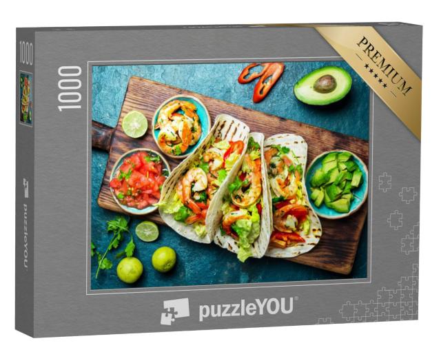 Puzzel 1000 stukjes „Mexicaanse keuken: Garnalen taco's met salsa, groenten en avocado“