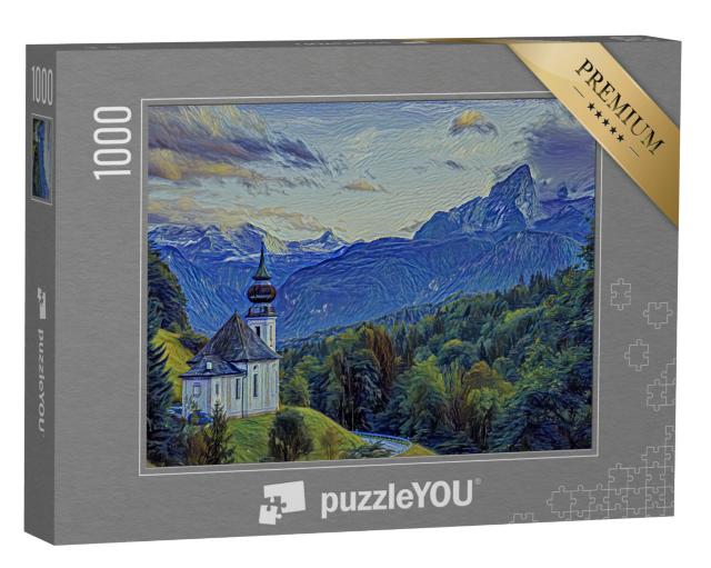 Puzzel 1000 stukjes „in de kunststijl van van Gogh, sterrennacht - Watzmann met Maria Gern kerk“