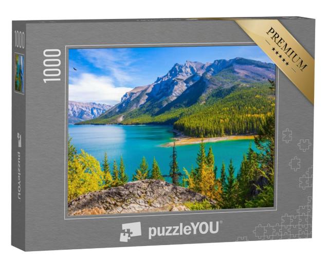 Puzzel 1000 stukjes „Lake Two Jack: water en naaldbossen, Rocky Mountains, Canada“