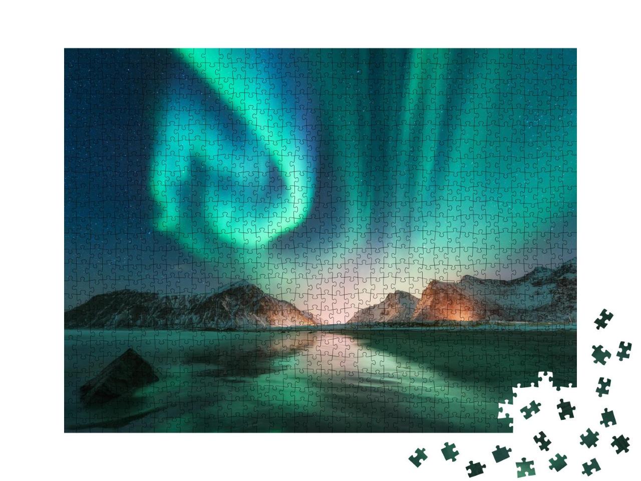 Puzzle 1000 Teile „Nordlichter auf den Lofoten mit Sternenhimmel, Norwegen“