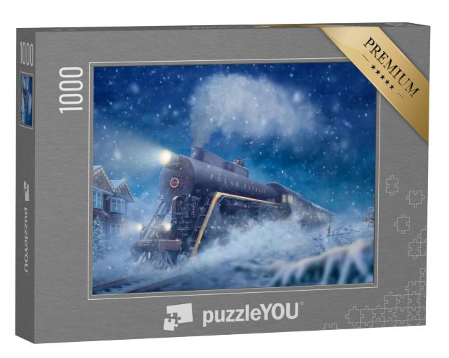 Puzzel 1000 stukjes „Polar Express in een besneeuwd landschap, kleine jongen, man op de trein“