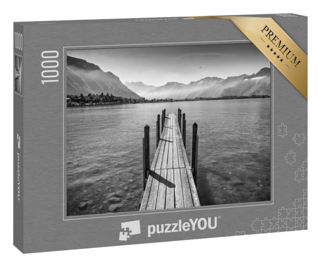 Puzzle 1000 Teile „Idyllischer Bootssteg am Genfer See, Schweiz, schwarz-weiß“