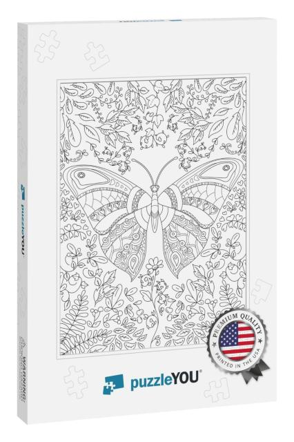 Coloring Book Page for Adult with Butterfly Flowers & Fol... Jigsaw Puzzle