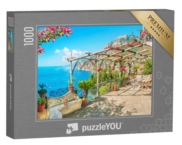 Puzzel 1000 stukjes „Uitzicht op zee en bergen bij Positano, Amalfikust, Italië“