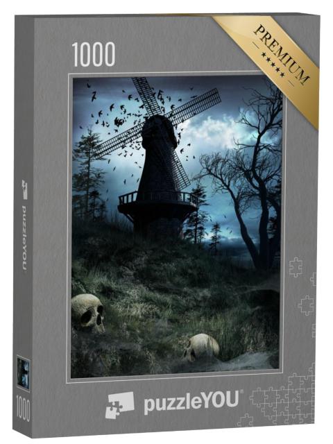 Puzzel 1000 stukjes „Donkere windmolen met vogels en schedels“