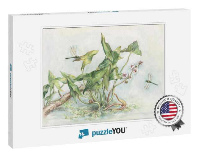 Sagittaria & Dragonflies Hand Painted Watercolor... Jigsaw Puzzle