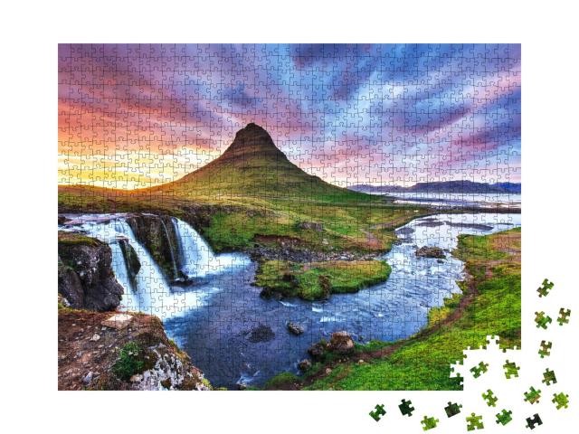 Puzzle 1000 Teile „Sonnenuntergang am Berg Kirkjufell, Island“