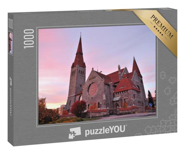Puzzle 100 Teile „Die Kathedrale im Stil der nationalen Romantik bei Sonnenuntergang, Tampere, Finnland“