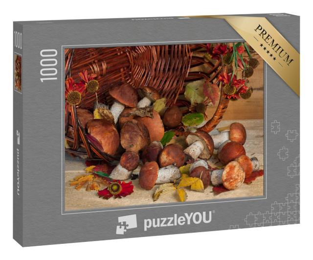 Puzzle 1000 Teile „Stillleben mit einem Korb voller Pilze und Wildblumen, rustikaler Stil“