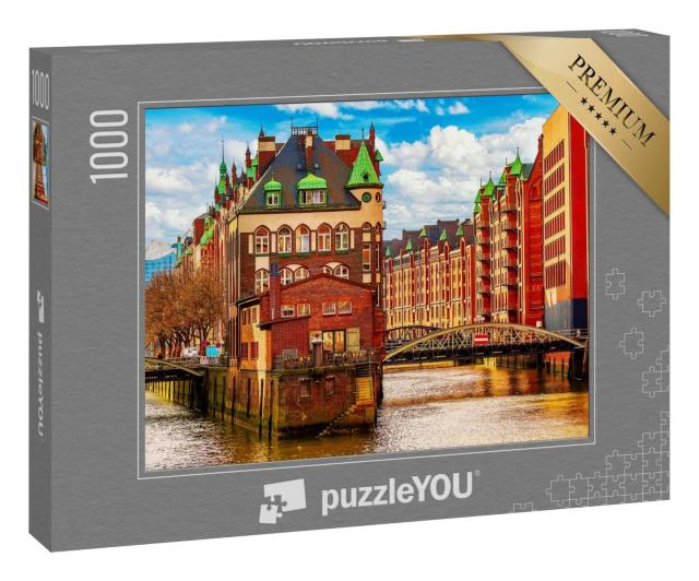 Puzzle 1000 Teile „Frühling über dem Lagerviertel Speicherstadt in Hamburg“