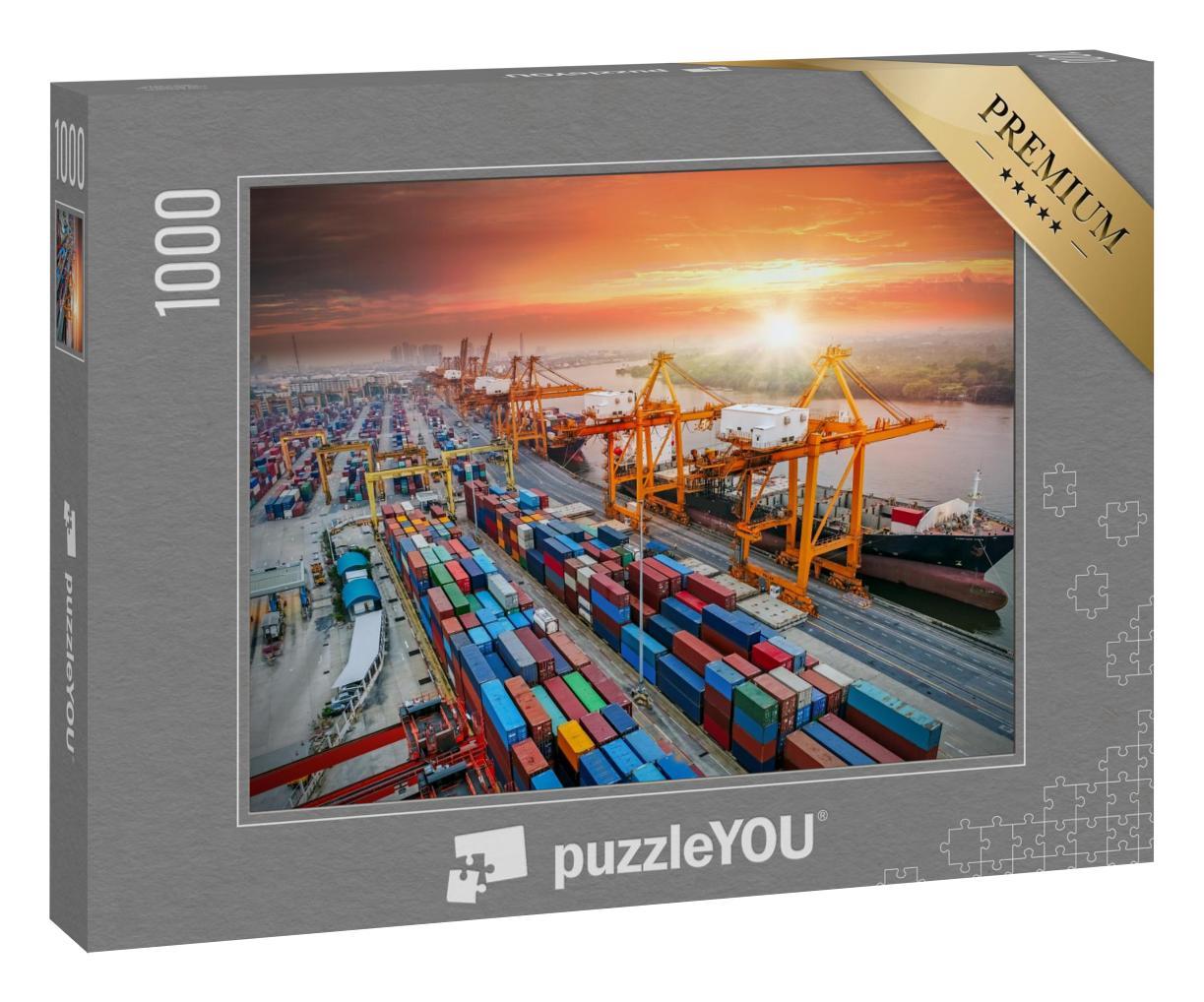 Puzzle 1000 Teile „Container-Frachtschiffe und Kranbrücken im Hafen“