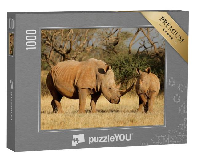 Puzzel 1000 stukjes „Witte neushoorn met kalf in Zuid-Afrika“