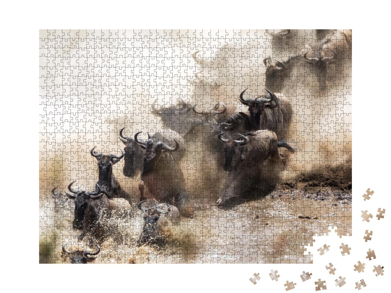 Puzzle 1000 Teile „Gnus beim Überqueren des Mara-Flusses in Kenia“