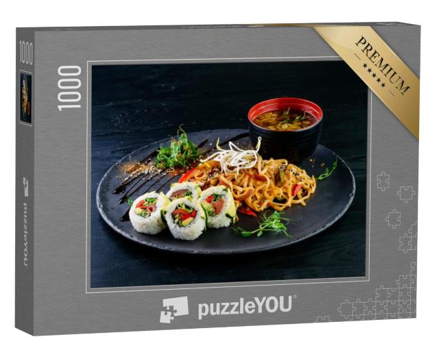 Puzzel 1000 stukjes „Aziatisch eten met noedels, kip en sushi“