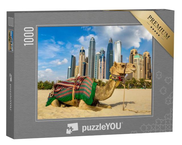 Puzzel 1000 stukjes „Kameel voor de skyline van Dubai Marina, Verenigde Arabische Emiraten“