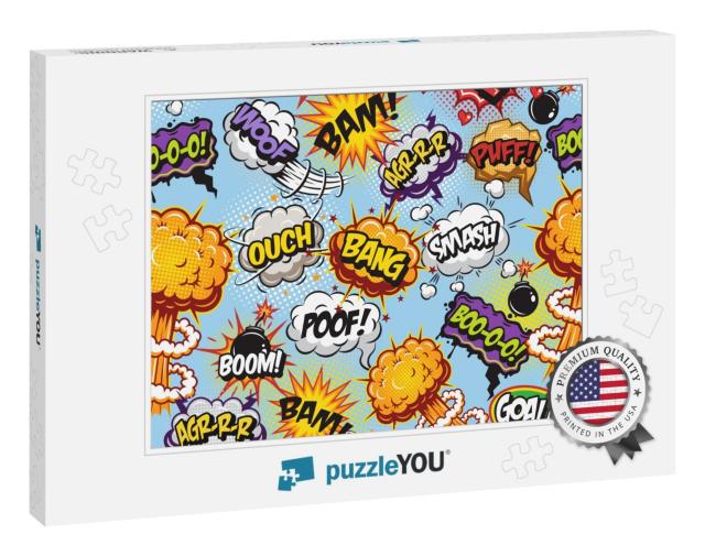 Comics Pattern with Speech & Explosion Bubbles on Blue Ba... Jigsaw Puzzle