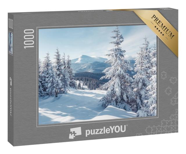 Puzzle 1000 Teile „Blick zwischen Bäume: Prächtige Alpenlandschaft im Winter“
