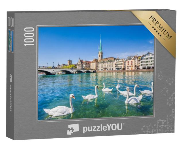 Puzzel 1000 stukjes „Prachtige zwanen op de Limmat bij Zürich, Zwitserland“