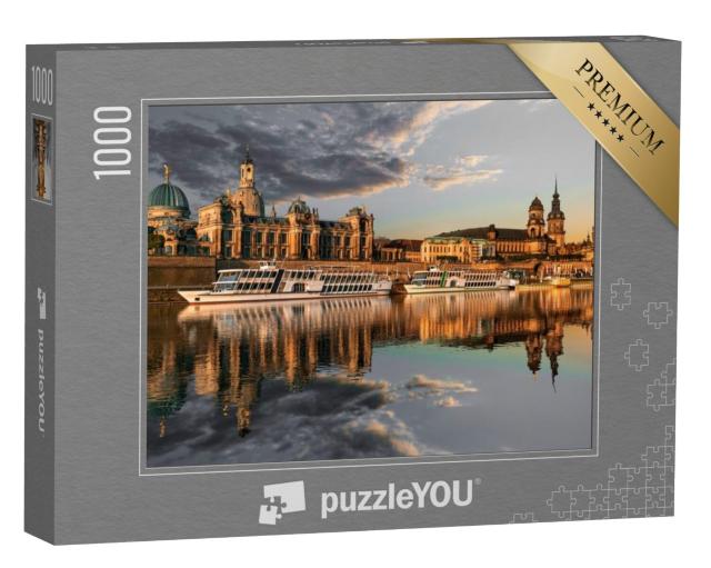 Puzzel 1000 stukjes „De skyline van de stad Dresden op de Elbe en de Augustusbrug bij zonsondergang“