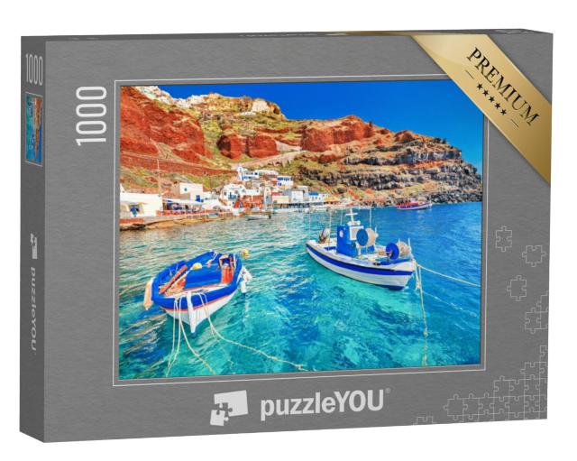 Puzzel 1000 stukjes „Haven van Oia op Santorini met twee vissersboten, Egeïsche Zee, Griekenland“