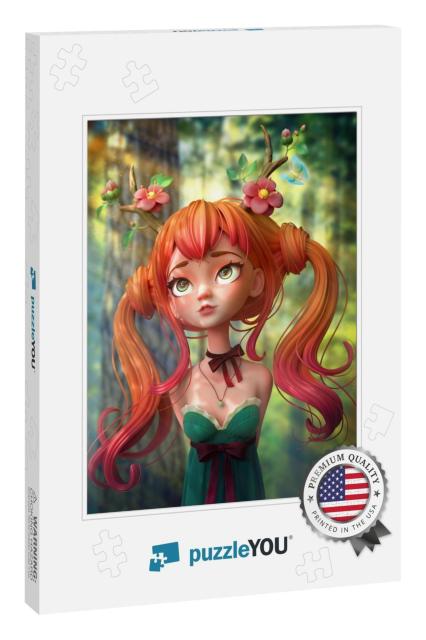 3D Cartoon Character Red-Haired Girl in a Green Dress wit... Jigsaw Puzzle