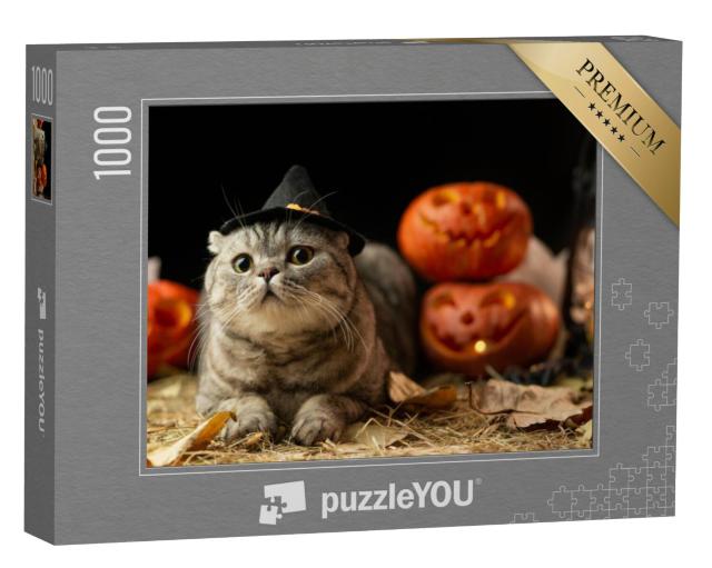 Puzzel 1000 stukjes „Halloween kat met hoed“