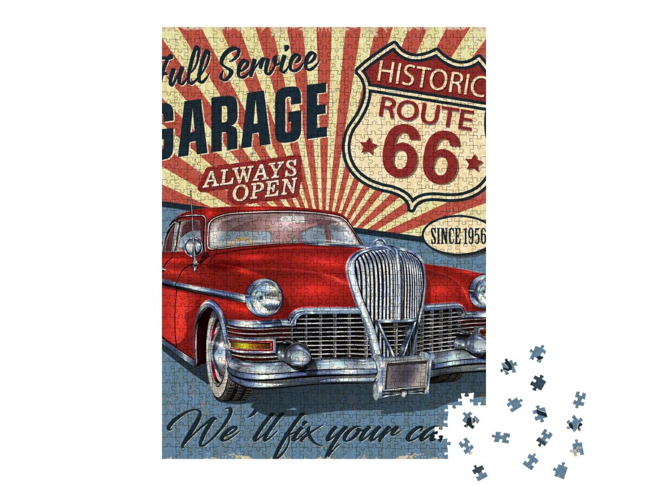 Puzzle 1000 Teile „Vintage-Stil: Route 66, Retro-Poster mit rotem Oldtimer“