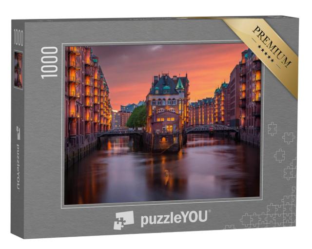 Puzzel 1000 stukjes „Avond boven de Speicherstadt in Hamburg, Duitsland“