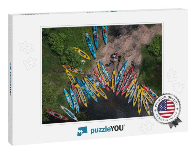 Camp & Pier of Tourist Kayaks - Top View Shot Over the Ri... Jigsaw Puzzle