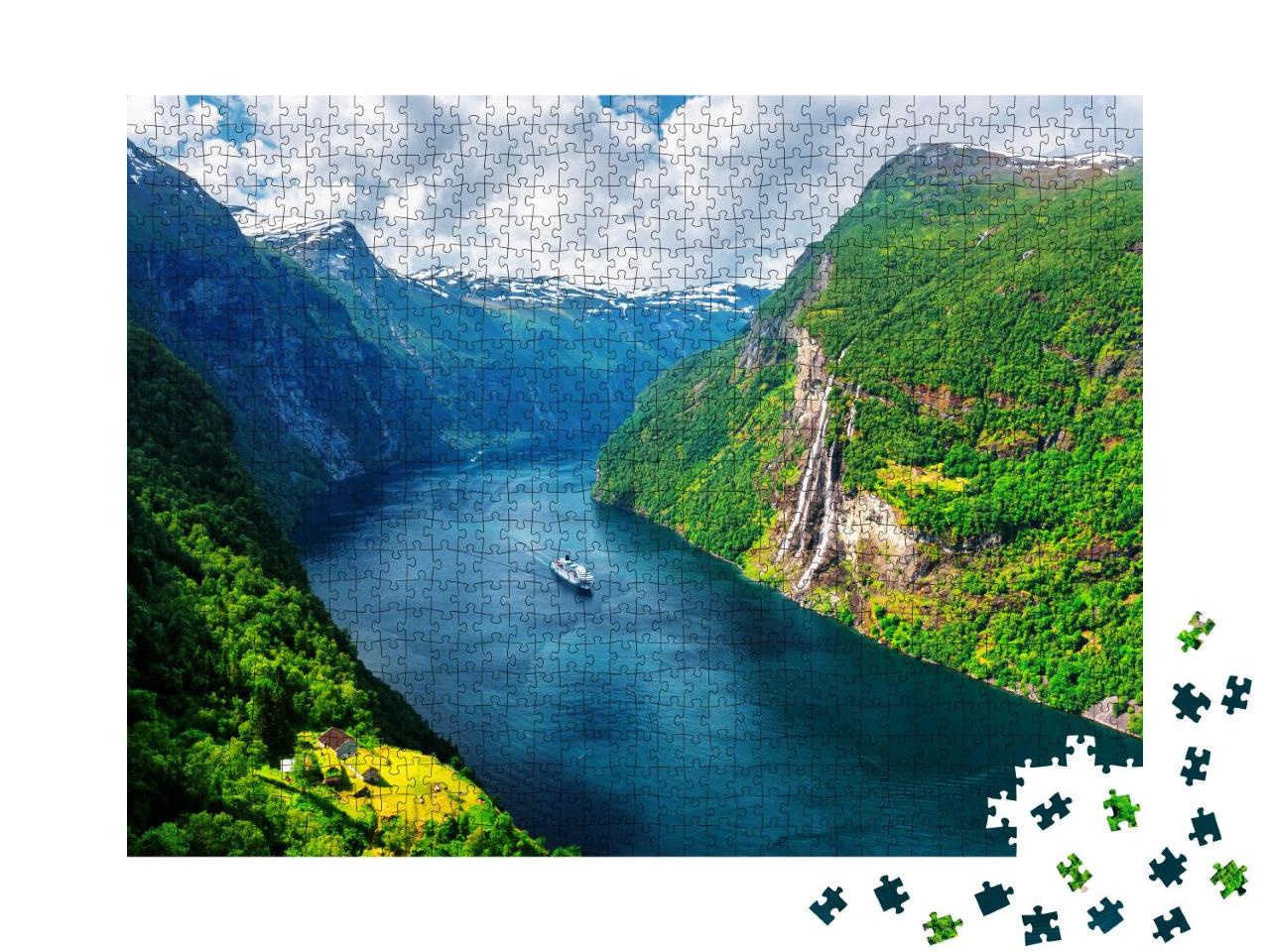 Puzzle 1000 Teile „Sunnylvsfjord und die berühmten Wasserfälle der Sieben Schwestern, Norwegen“