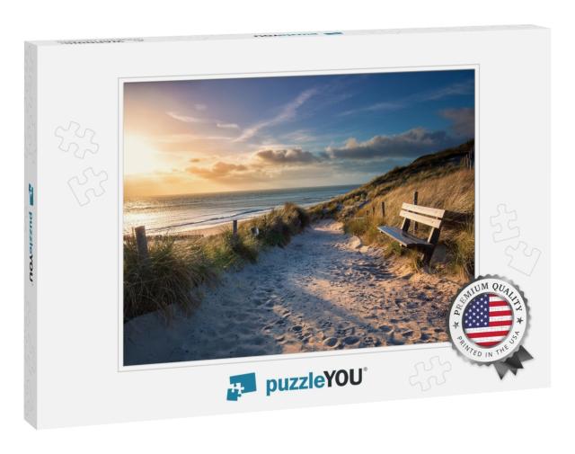 Evening Sunshine Over Bench & Path to Sea Beach, Holland... Jigsaw Puzzle