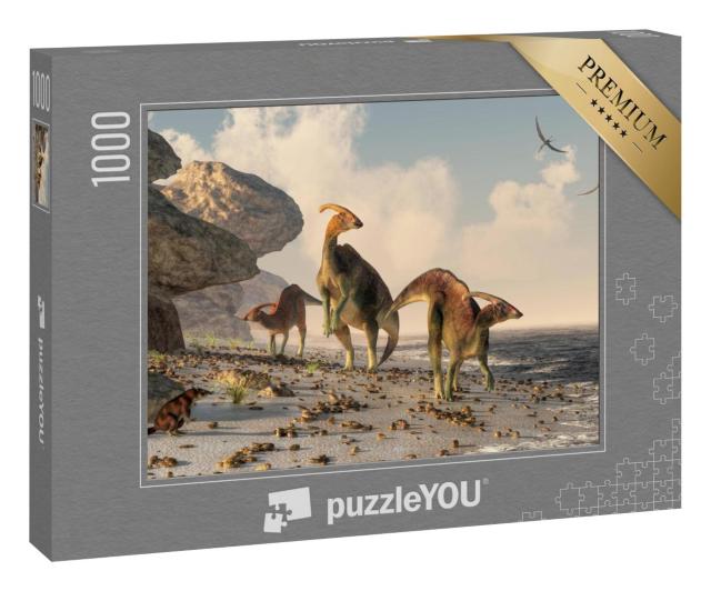 Puzzle 100 Teile „Eine 3D-Illustration: drei Parasaurolophus“