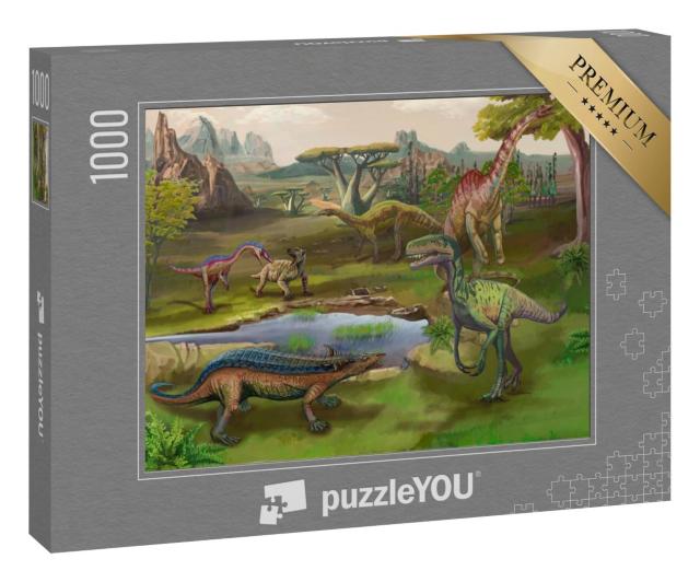 Puzzle 1000 Teile „Szene mit Dinosauriern: Asteroiden-Explosion, Illustration“