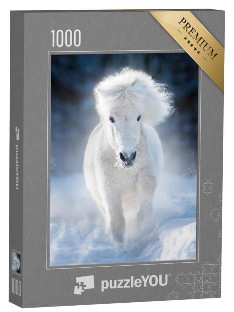 Puzzel 1000 stukjes „Witte pluizige Shetland pony in galop op een winterse weide“