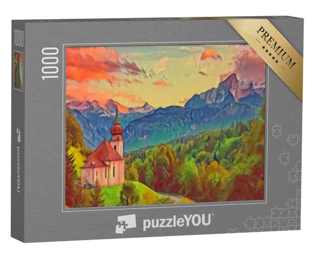 Puzzel 1000 stukjes „in de kunststijl van Franz Marc - Watzmann met Maria Gern kerk - Puzzelcollectie Kunstenaars & Schilderijen“