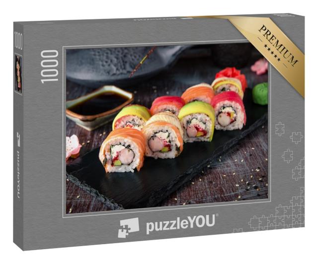 Puzzle 1000 Teile „Regenbogen-Sushi-Rolle mit Lachs und Avocado“