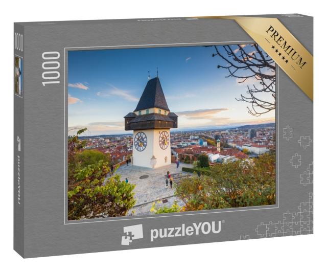 Puzzle 1000 Teile „Klassisches Panorama: Graz mit Uhrenturm bei Sonnenuntergang, Steiermark“