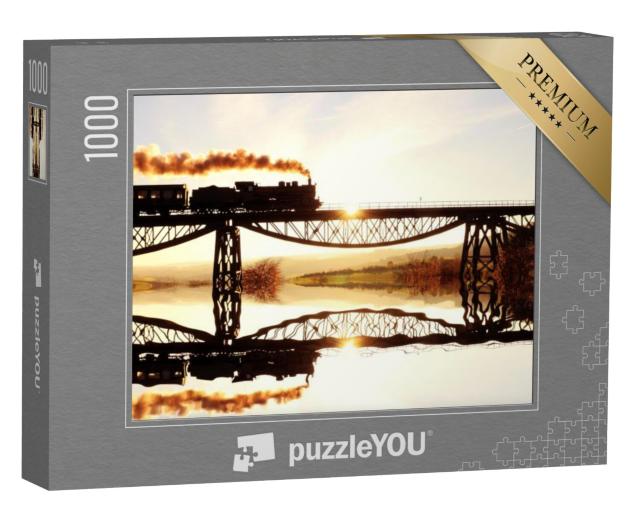 Puzzel 1000 stukjes „Historische stoomlocomotief op reis over de rivier“