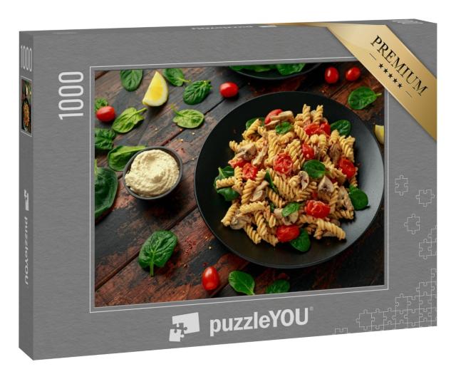 Puzzle 1000 Teile „Cremige Hummus-Pasta mit Pilzen und gebratenen Tomaten“