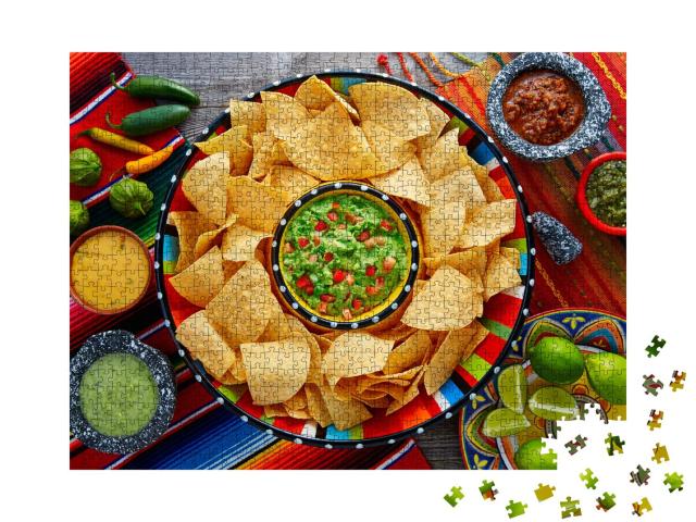 Puzzle 1000 Teile „Nachos mit Guacamole-Tortilla-Chips im Sombrero-Teller“