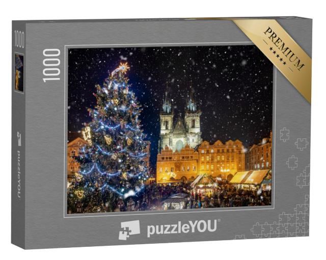 Puzzel 1000 stukjes „Prachtig uitzicht op het Oude Stadsplein met kerstmarkt, Praag bij nacht“