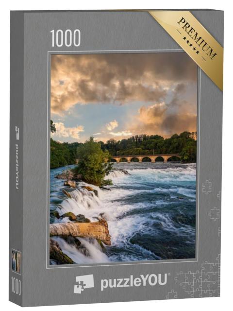 Puzzel 1000 stukjes „Landschap bij de Rijnwaterval met spoorwegviaduct, Kanton Schaffhausen, Zwitserland“