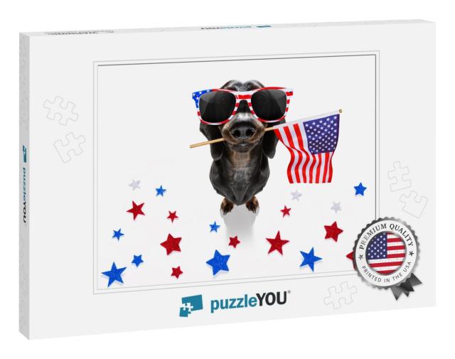 Sausage Dachshund Dog Waving a Flag of USA &... Jigsaw Puzzle