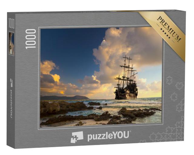 Puzzel 1000 stukjes „Piratenschip op open zee bij zonsondergang“