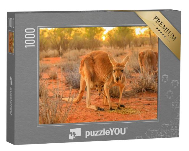 Puzzel 1000 stukjes „Vrouwelijke rode kangoeroe met een kitten in haar buidel“