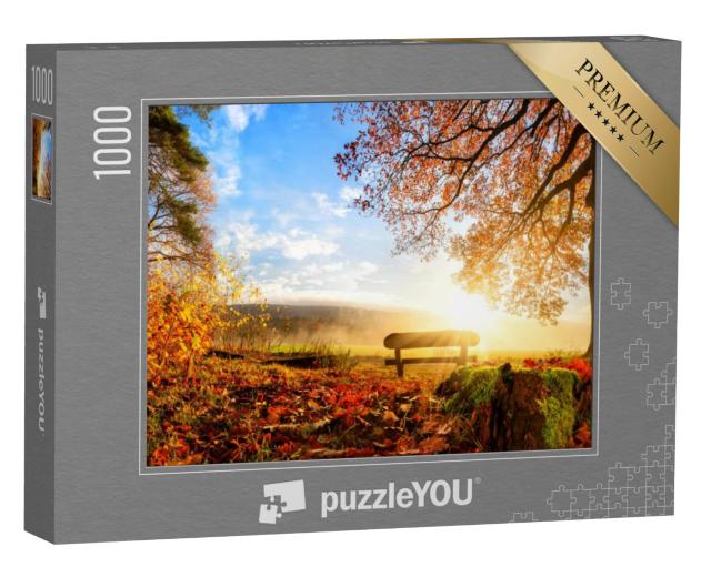 Puzzel 1000 stukjes „Een houten bank om op uit te rusten in het herfstlandschap“