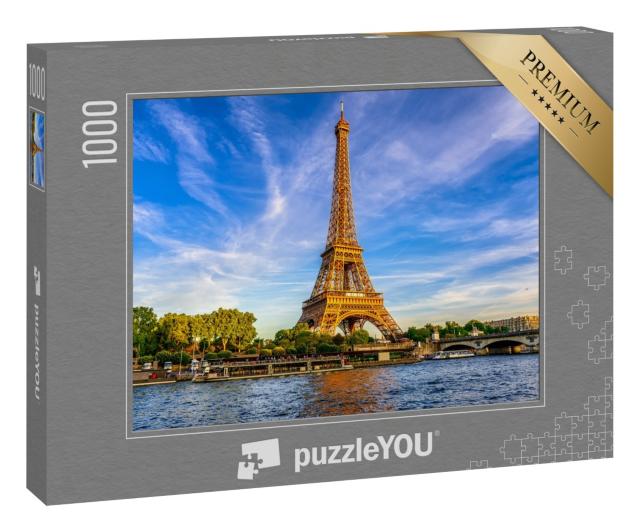 Puzzle 1000 Teile „Der Eiffelturm und Fluss Seine bei Sonnenuntergang in Paris, Frankreich“