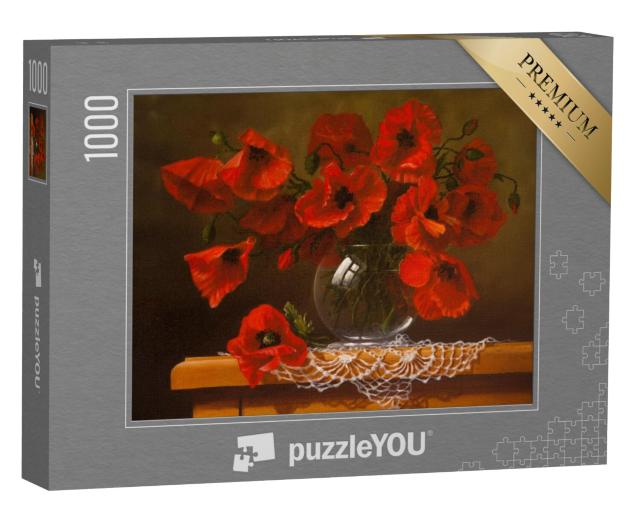 Puzzel 1000 stukjes „Klaprozen in een glazen vaas als olieverfschilderij“