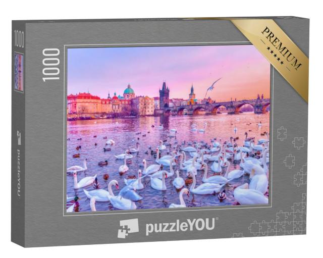 Puzzel 1000 stukjes „Zwanen op de Moldau, zonsondergang in Praag“