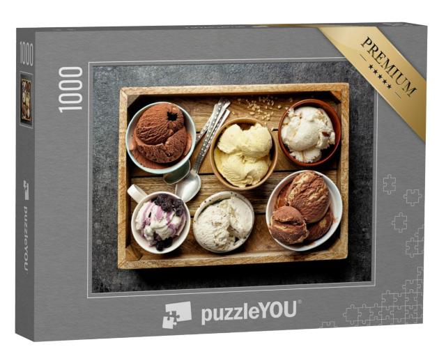 Puzzel 1000 stukjes „Verschillende smaken ijs, klaar om te serveren op een dienblad“